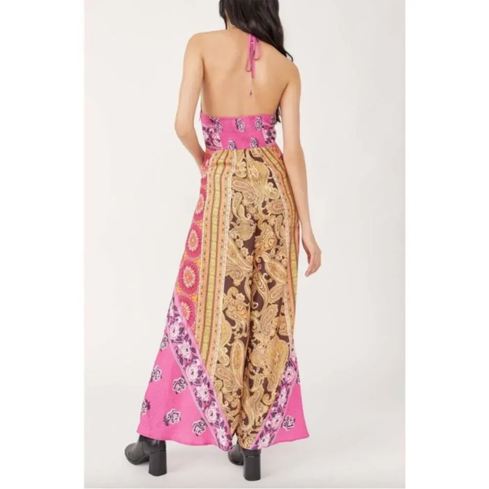FREE PEOPLE Miranda Printed Jumpsuit In Jewel Combo Large Bohemian Pink and Gold